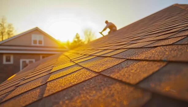 worker installing new roofing tiles on residential house during sunset photo (1)